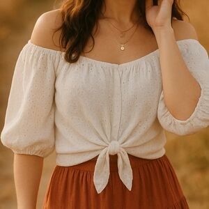 Cotton Eyelet Balloon Sleeve White Cottagecore  Crop Medium
